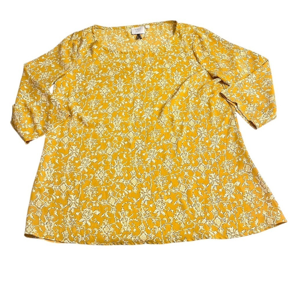 Anthropologie HD in Paris Eira Mustard Yellow Printed Blouse 3/4 Sleeve